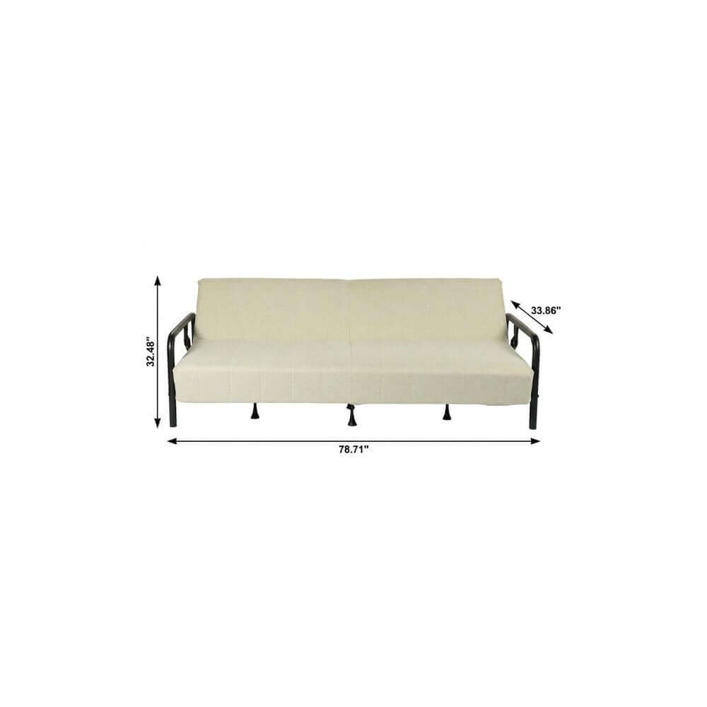 79" Beige Fabric Convertible Futon Steel Sleeper Reclining Sofa measurements with dimensions illustrated.
