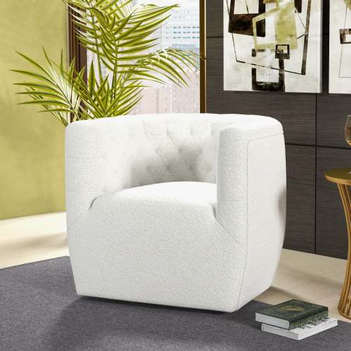 Delaney Tufted Swivel Barrel Chair – Modern Accent Chair (Multiple Colors & Fabrics) in modern interior setting.