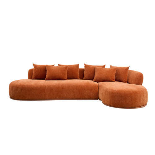 Rounded L-Shaped Chaise Sofa Sectional in orange with plush cushions for modern living room comfort.