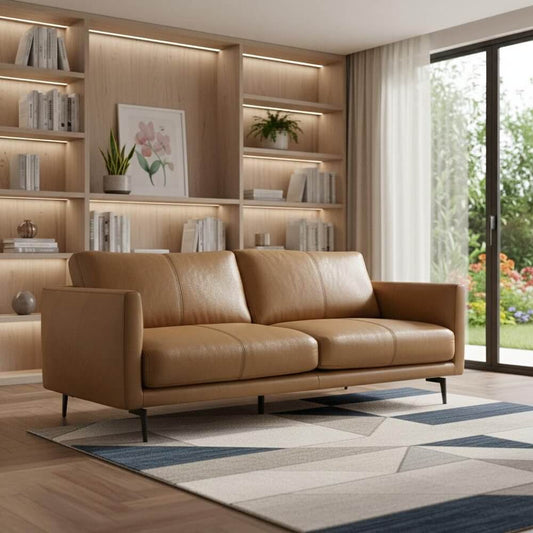 81" Leather Sofa with Black Legs | Modern Leather Living Room Couch in a stylish living room setting.