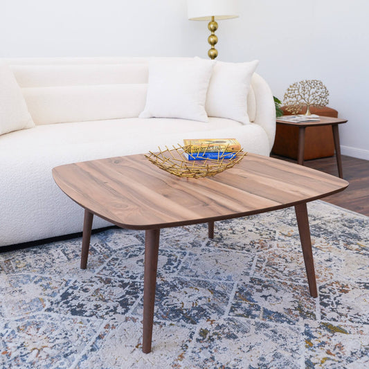 Kalen Solid Wood Coffee Table – 35.5” Square Walnut Center Table (Mid-Century Modern) in a stylish living room setting.