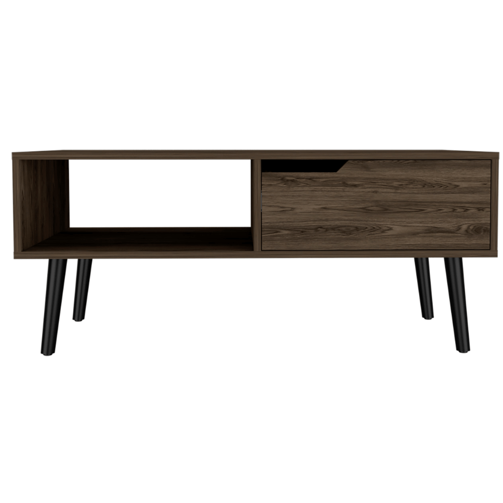 Oslo MCM Wood Coffee Table, 1 Drawer, 1 Shelf in Dark Walnut - Revel Sofa