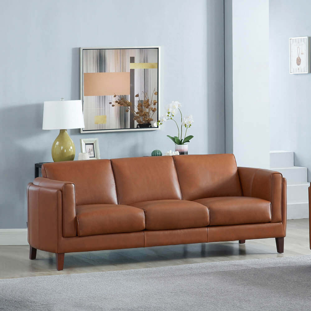 Maui MCM Top-Grain Leather Sofa 88' in brown, showcasing mid-century modern design and premium leather upholstery.