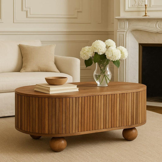 Soba Light Oak Mango Wood Coffee Table – 32.3" Oval Lift-Lid Storage Coffee Table with Ball Feet