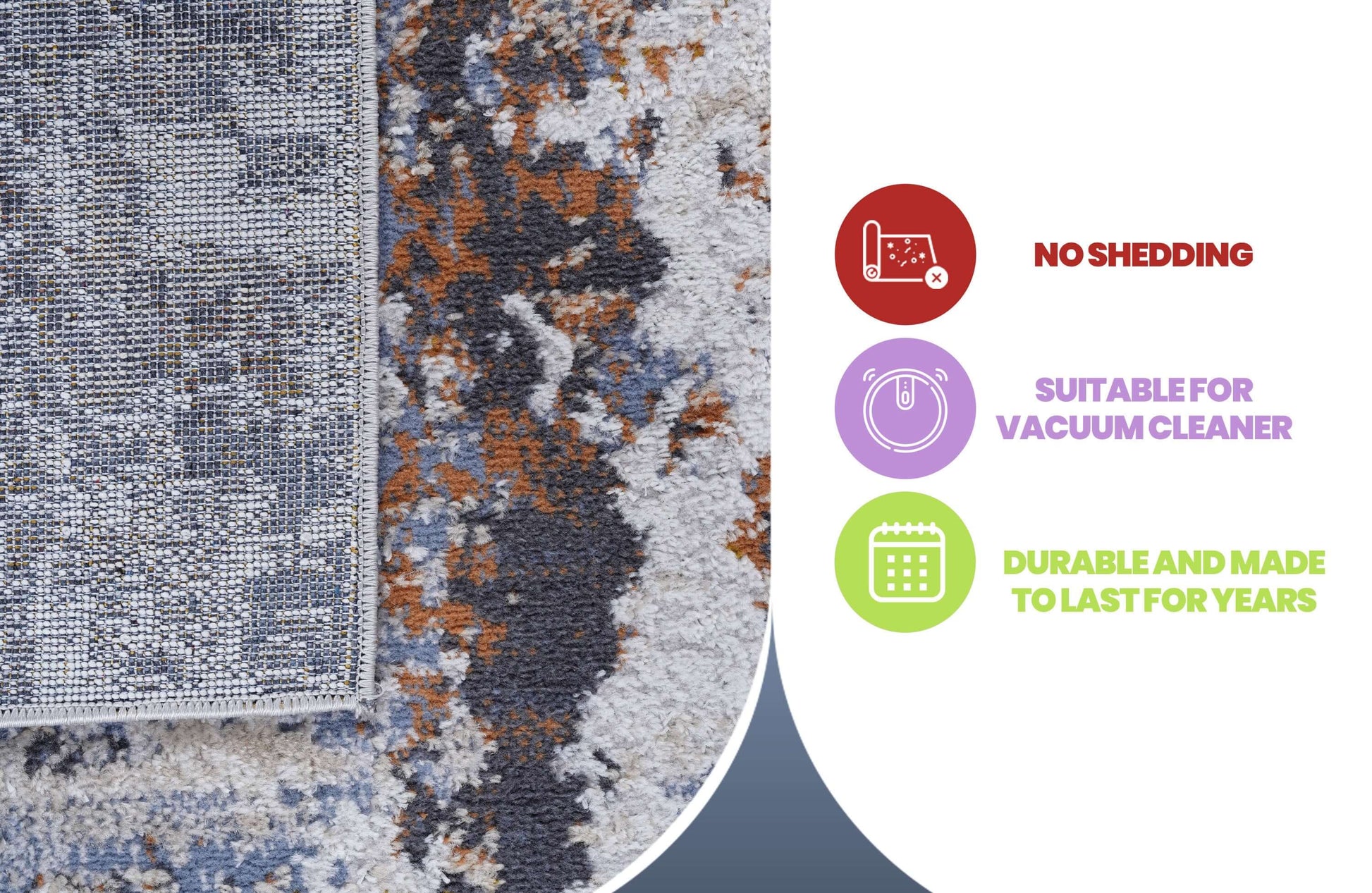 Features of a multicolor abstract area rug: no shedding, vacuum cleaner suitable, durable for lasting use.