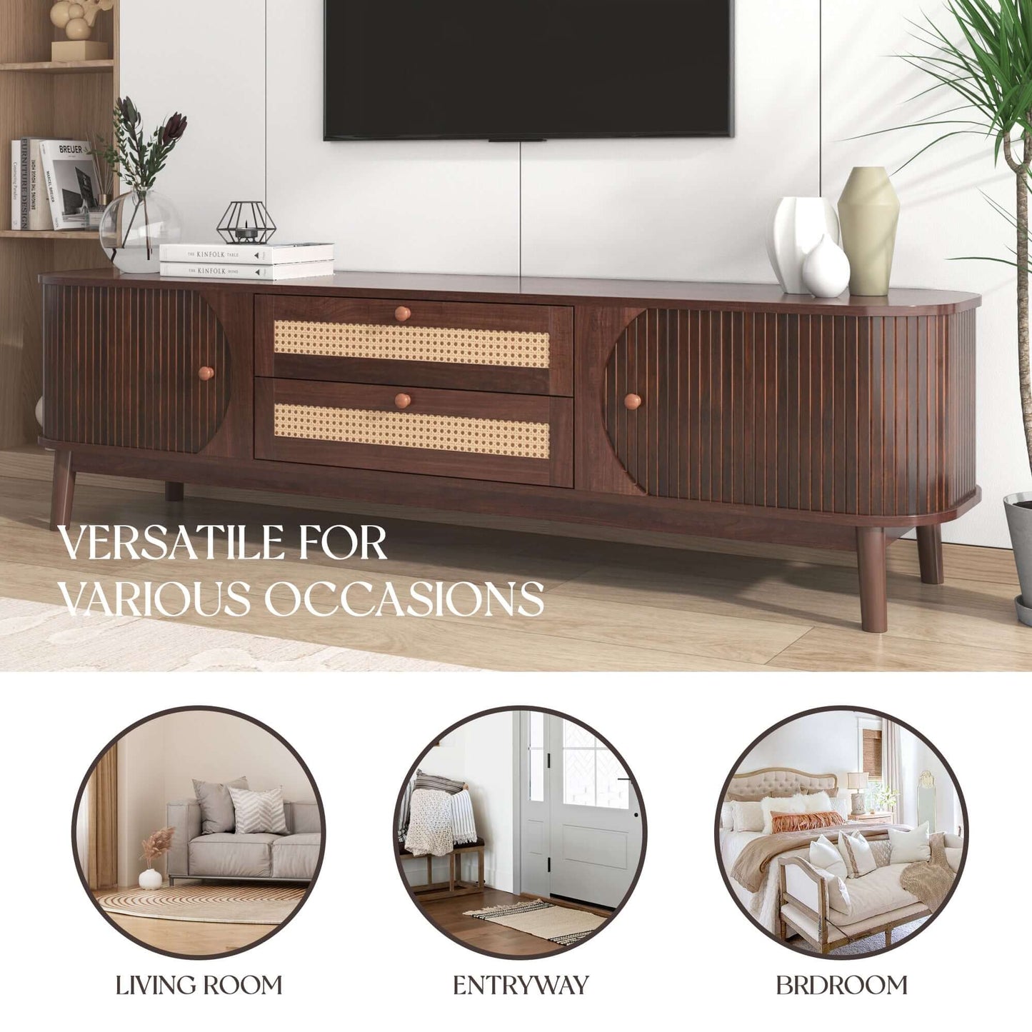 MCM Styled TV Stand Entertainment Center Solid Wood & MDF, Brown 67" - Revel Sofa