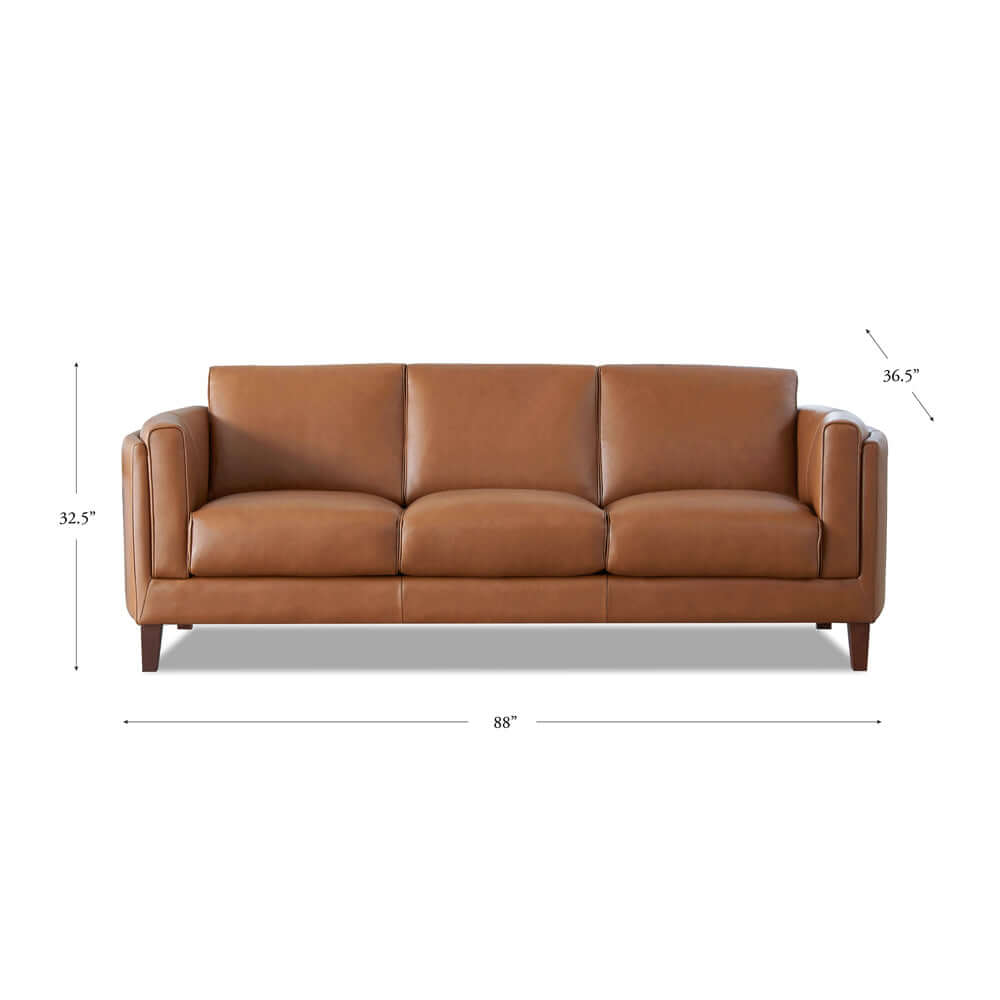 Maui MCM Top-Grain Leather Sofa 88' in brown, showcasing mid-century modern design and premium leather upholstery.