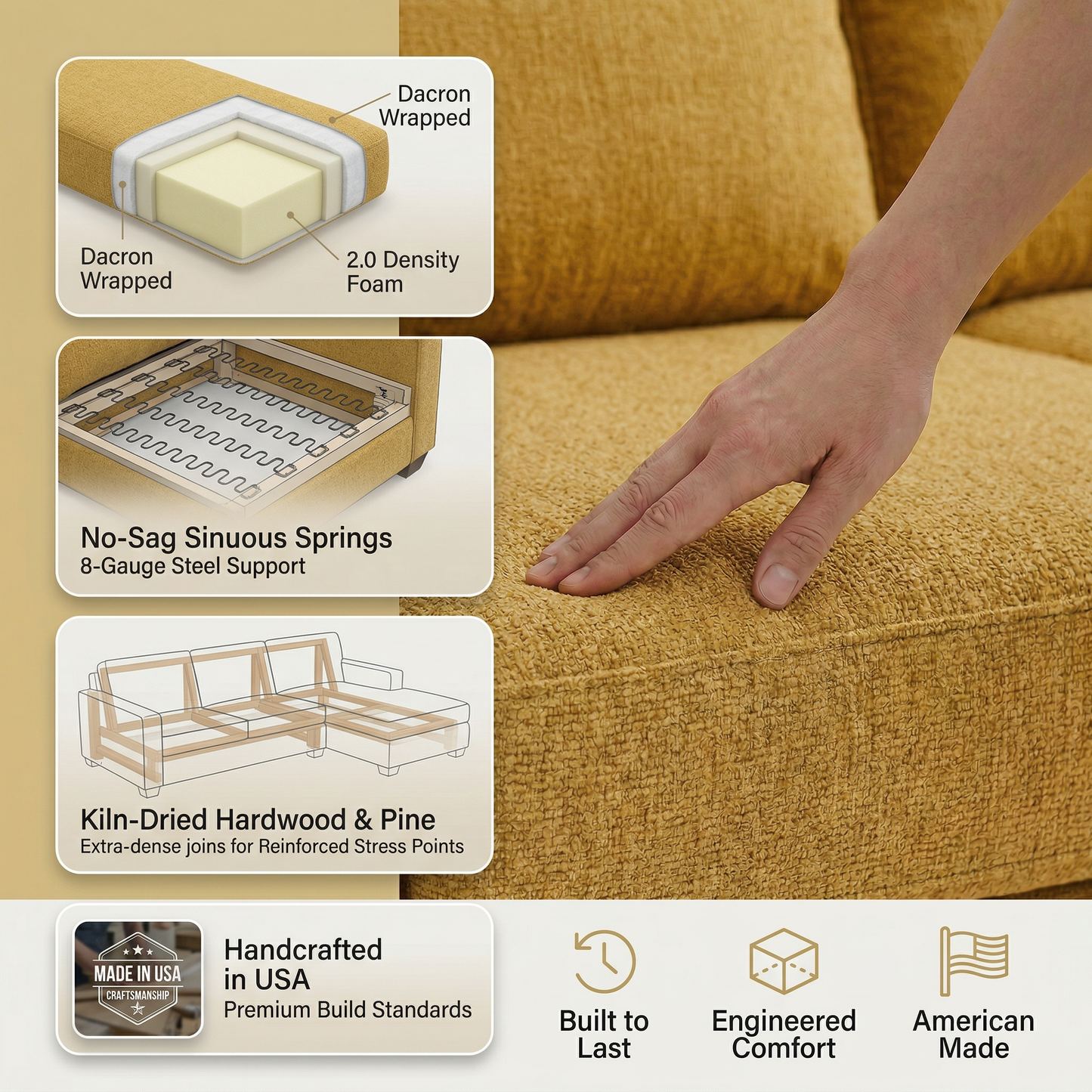 Clifford L-Shaped Sectional Sofa – Made in USA, 9 Fabric Options - Hepburn Chai Tea Yellow Fabric (8)