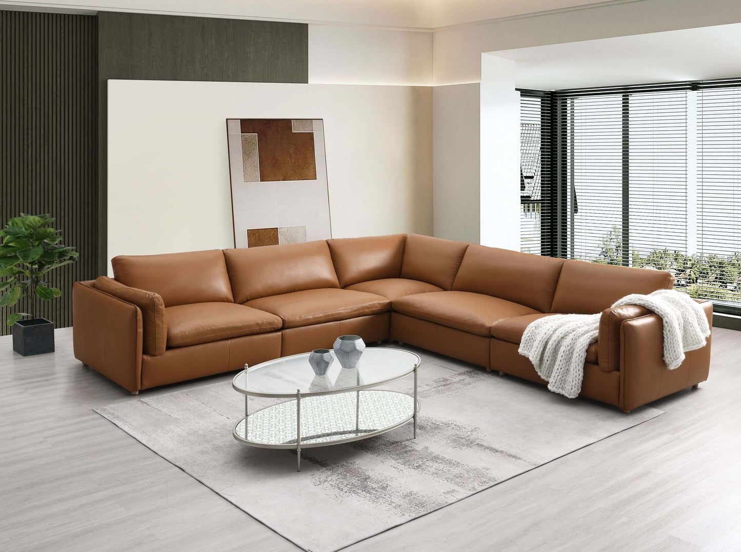 Brighton Leather 5 Piece Modular Corner Sofa Sectional in rich brown leather, modern living room design, comfort and style.