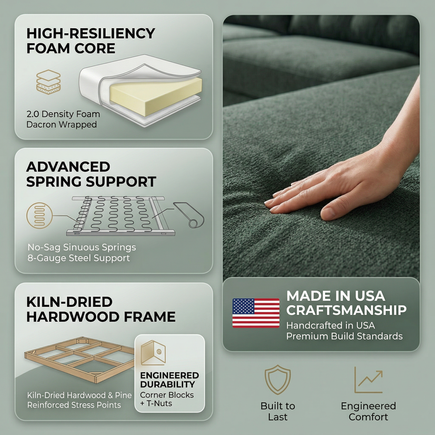 Talmadge L-Shaped Sectional Sofa – Made in USA, 2 Fabric Options - Green Velvet Antique Charcoal (13)