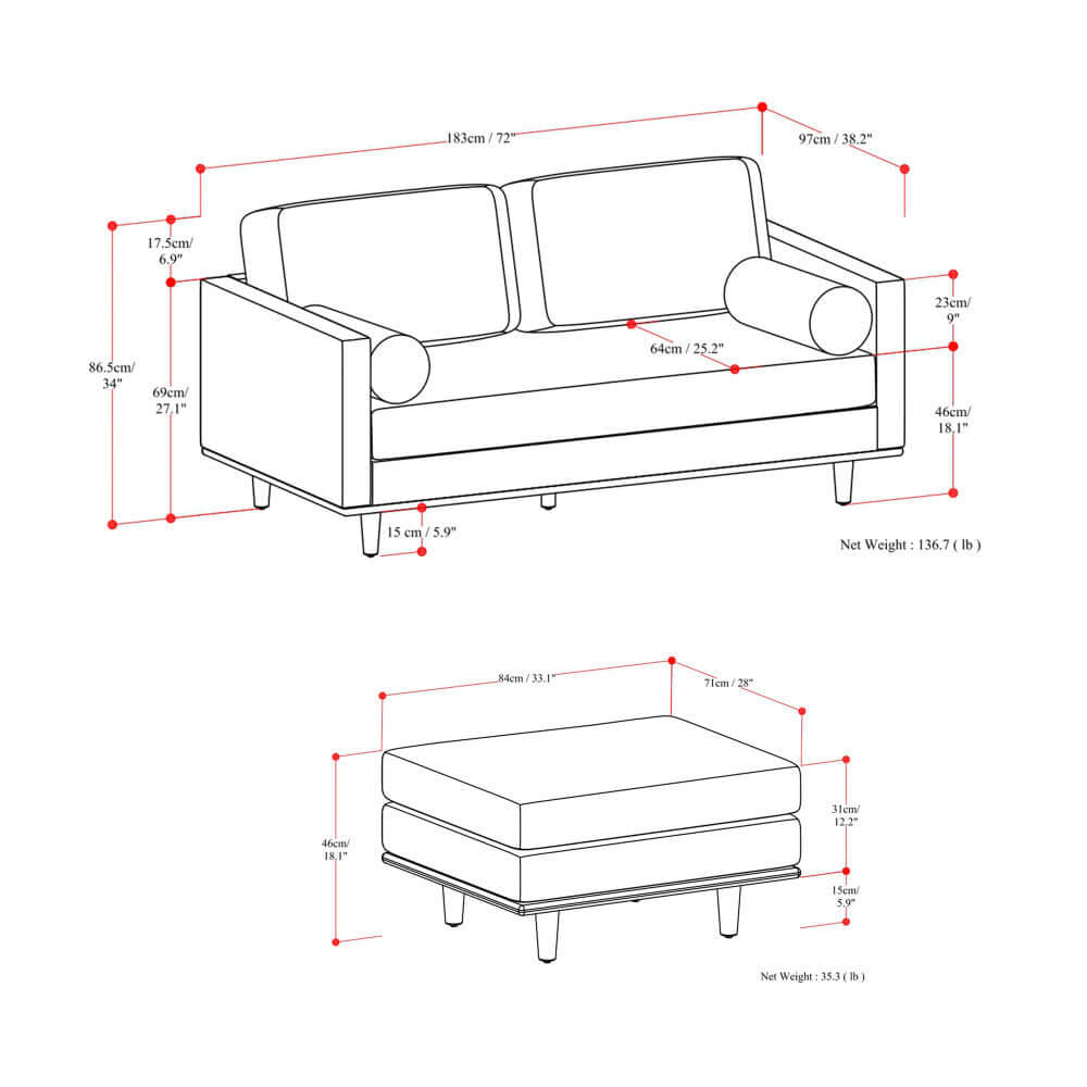 Morrison MCM Fabric Loveseat Sofa 72" dimensions and specifications for modern mid-century compact loveseat (2 colors)