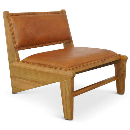 Talon 24" Full-Grain Tan Leather Armless Accent Chair – Solid Teak Wood Frame