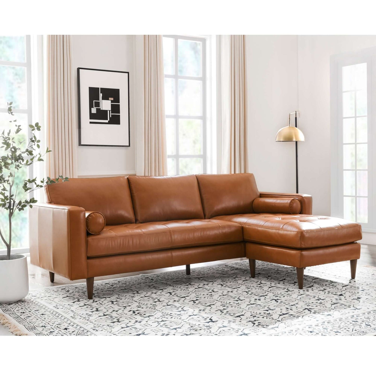 MCM Tufted Leather Sectional Sofa Reversible Chaise 101'