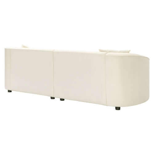 Contemporary sloped arm boucle upholstered sofa in white, showcasing its sculptural curved silhouette and sleek design.