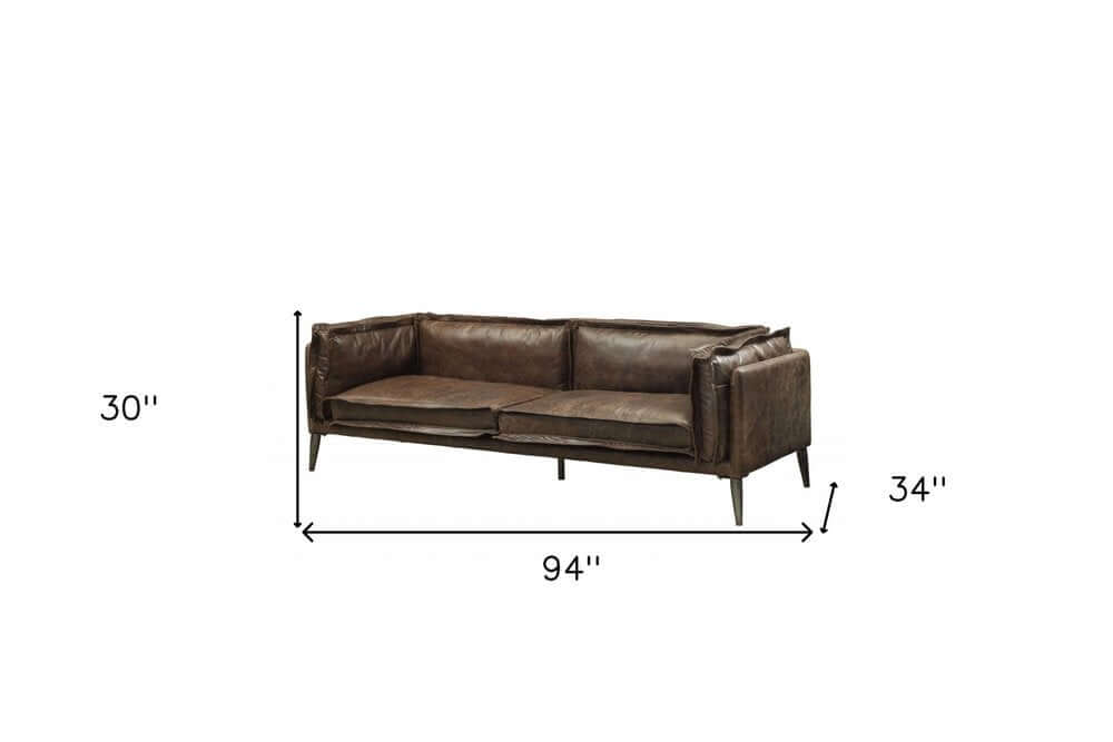 94" Chocolate Top Grain Leather Sofa With Dark Brown Legs displayed with dimensions 94"x30"x34".
