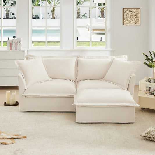 Slipcovered Sectional 2 Seater Sofa Couch with Convertible Ottoman in Cream