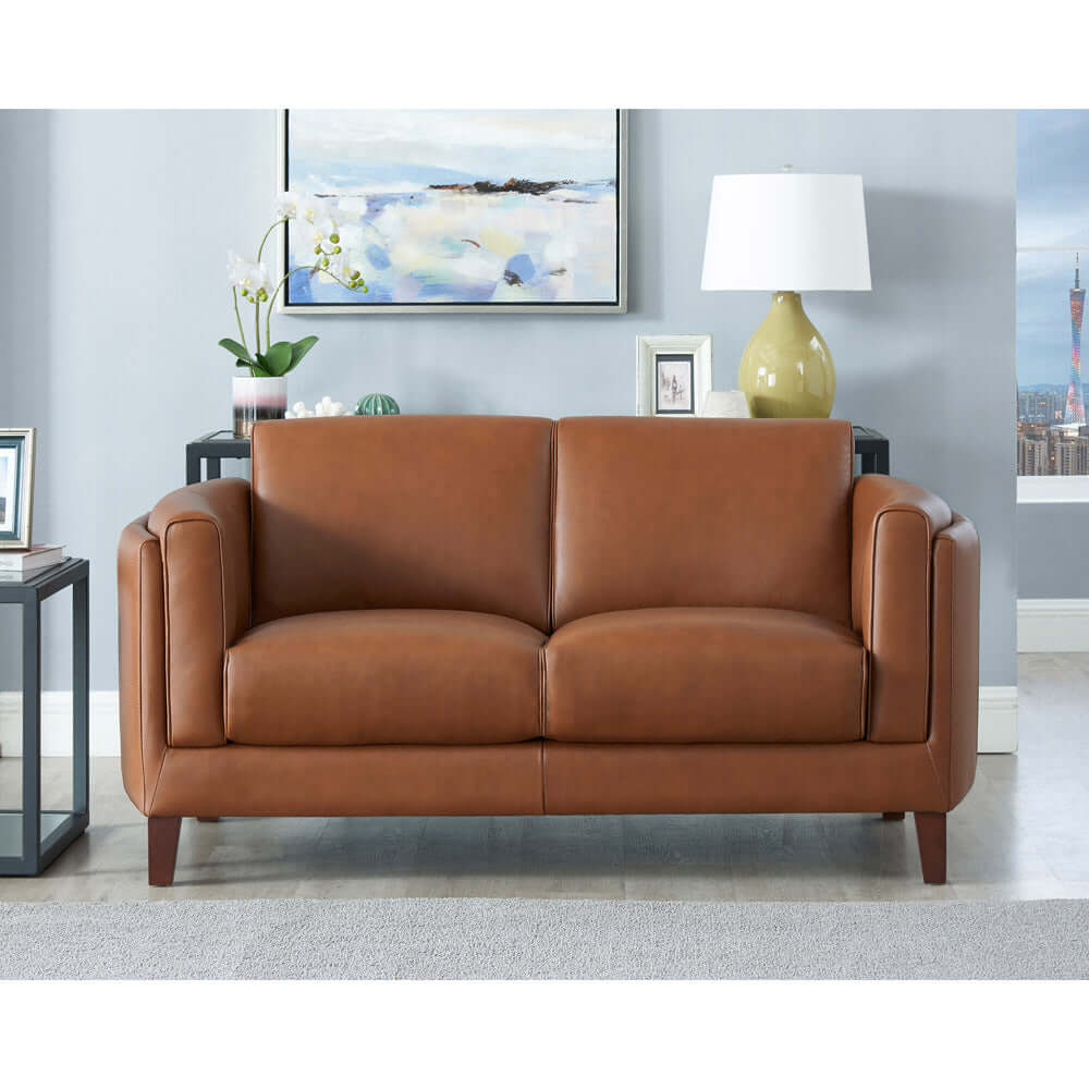 Maui MCM Top-Grain Leather Sofa Loveseat 64' in a stylish modern living room showcasing mid-century design.