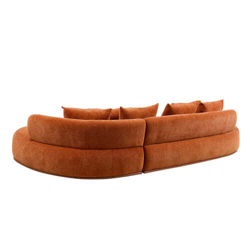 Rounded L-Shaped Chaise Sofa Sectional in rich orange fabric, featuring plush cushions and modern design.