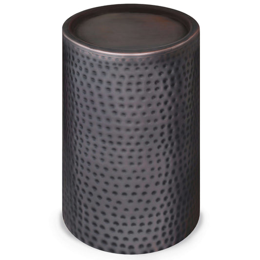 Corbin Hammered Antique Metal Cylindrical Side Table in rich antique copper finish, showcasing a hand-hammered texture.