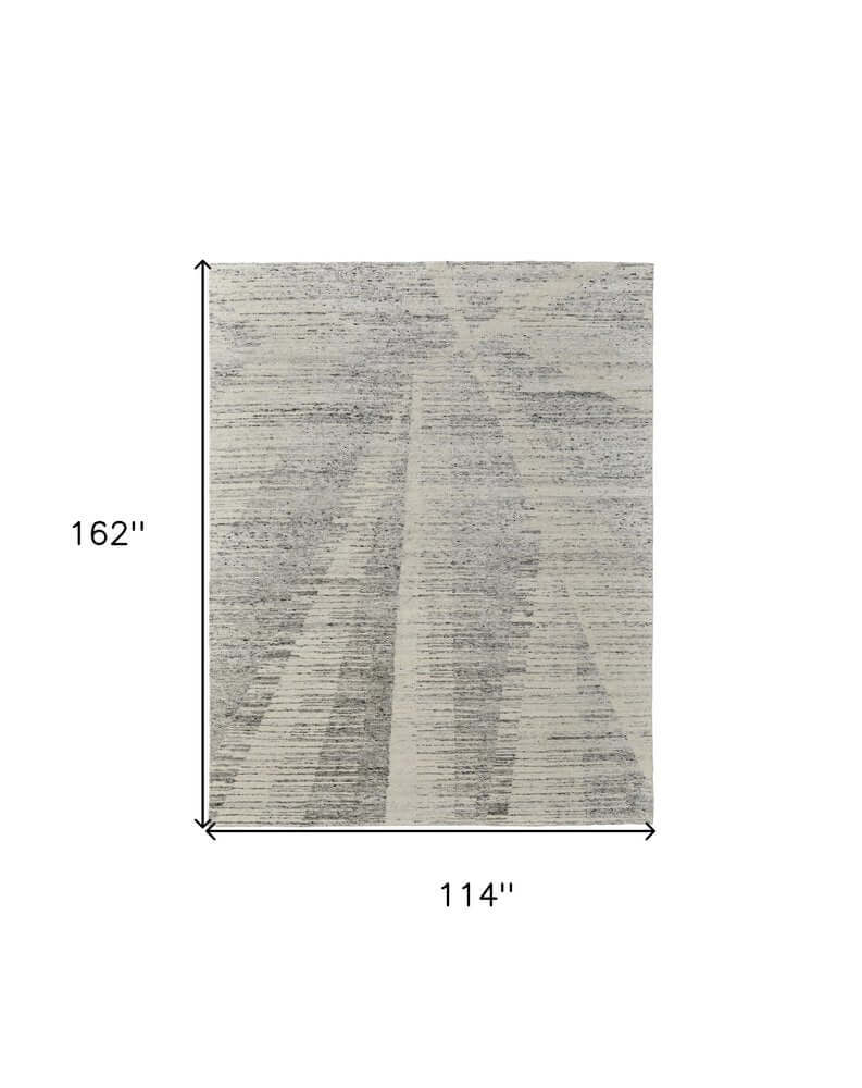 9' X 13' Ivory and Gray Abstract Hand Knotted Worn Faded Area Rug dimensions showing 162" x 114" features.
