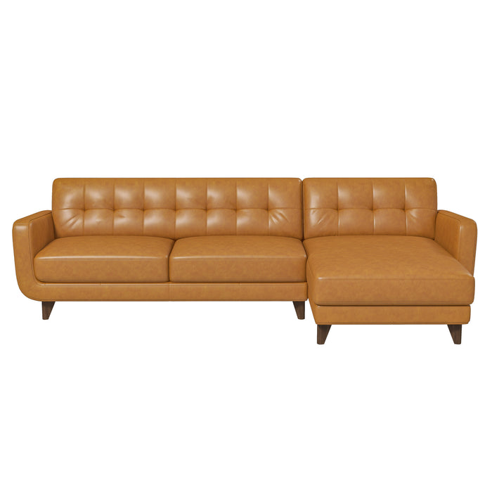 The Allison MCM Leather Chaise Sofa Sectional 113 by Ashcroft Furniture features tan genuine leather, tufted cushions, straight armrests, and a right-side L-shaped chaise on short wooden legs for a modern mid-century look.