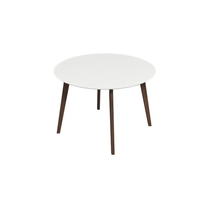 The Ashcroft Furniture Alina MCM Round Walnut Wood Dining Table (43, 2 Colors) has a smooth white top and four angled wooden legs, showcased against a plain white background.