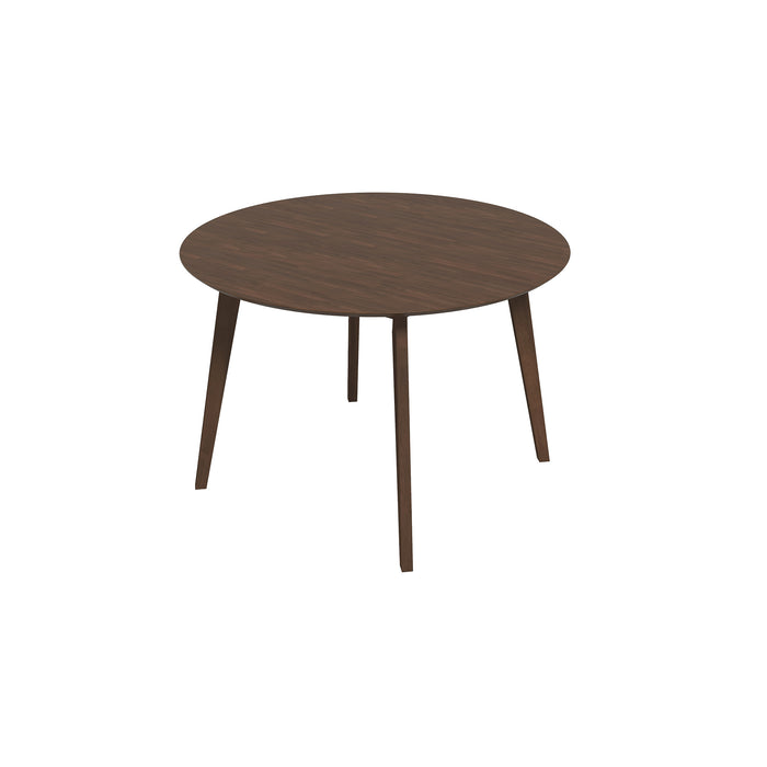 The Ashcroft Furniture Alina MCM Round Walnut Wood Dining Table, 43, features four angled legs and a dark brown finish, shown here against a plain white background.