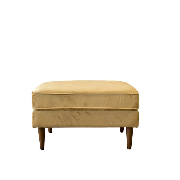 The Ashcroft Furniture Amber MCM Square Upholstered Ottoman 32 features a mustard-yellow square design with short wooden legs, adding versatile Mid-Century Modern style to any space. Shown against a plain white background.