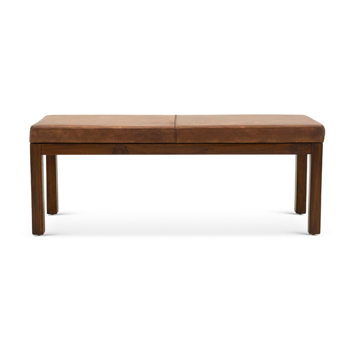 The Austin MCM Genuine Leather Bench 51 by Ashcroft Furniture features genuine leather upholstery, a smooth seat, and four straight legs, highlighting Mid-Century Modern design against a plain white background.