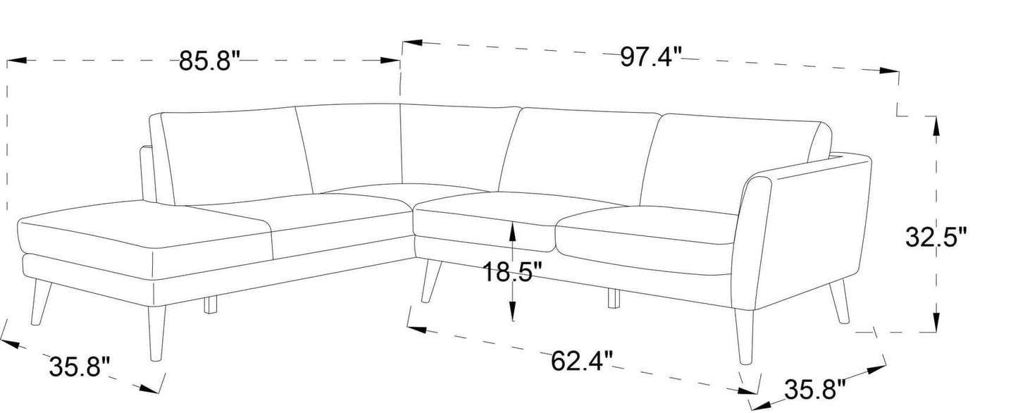 Line drawing of the Ashcroft Furniture Co. Benson Fabric L Shape Sectional Chaise Sofa 97 with dimensions: 85.8 x 97.4 overall, 32.5 height, 35.8 depth, chaise length 62.4, and seat height 18.5. Mid-century modern style.