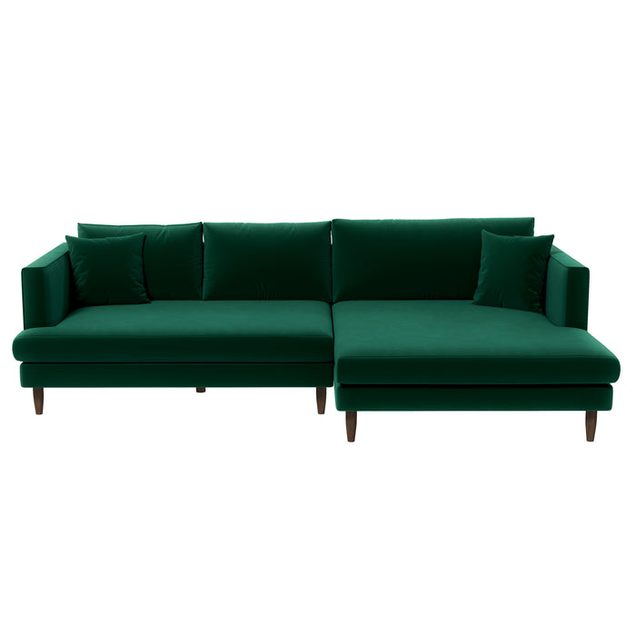 The Ashcroft Furniture Blake Velvet Upholstered L-Shape Chaise Sofa Sectional 107 features plush velvet, wooden legs, a left-facing reversible chaise design, and includes five matching square cushions for modern comfort.