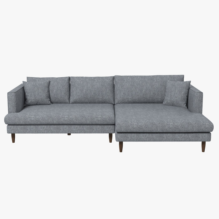The Blake Velvet Upholstered L-Shape Chaise Sofa Sectional 107 by Ashcroft Furniture features plush gray velvet, wooden legs, three back cushions, and two matching throw pillows, shown against a plain white background.