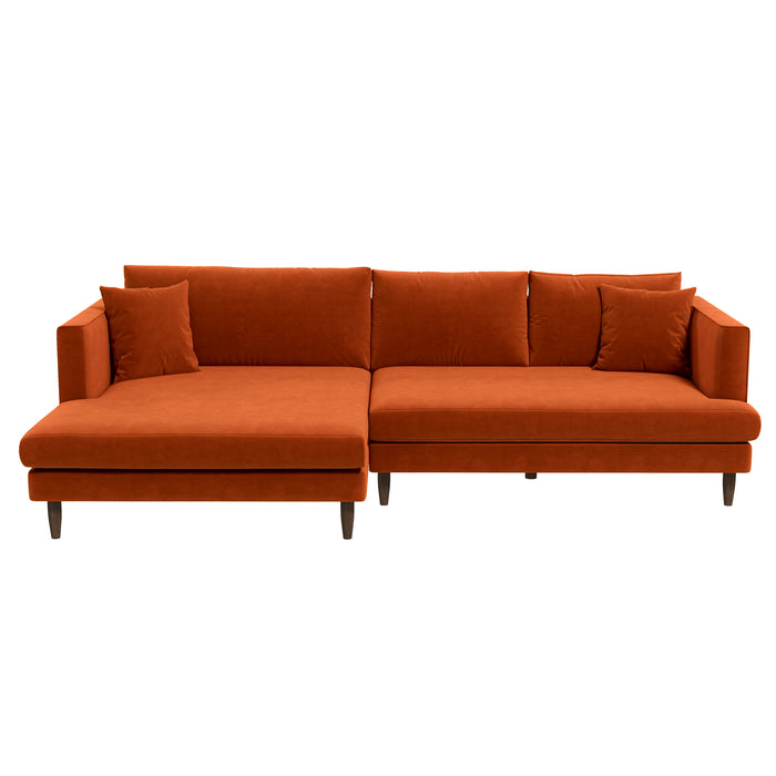 The Blake Velvet Upholstered L-Shape Chaise Sofa Sectional 107 by Ashcroft Furniture features plush orange velvet, three seat and back cushions, a left-side reversible chaise, three matching pillows, and short wooden legs.