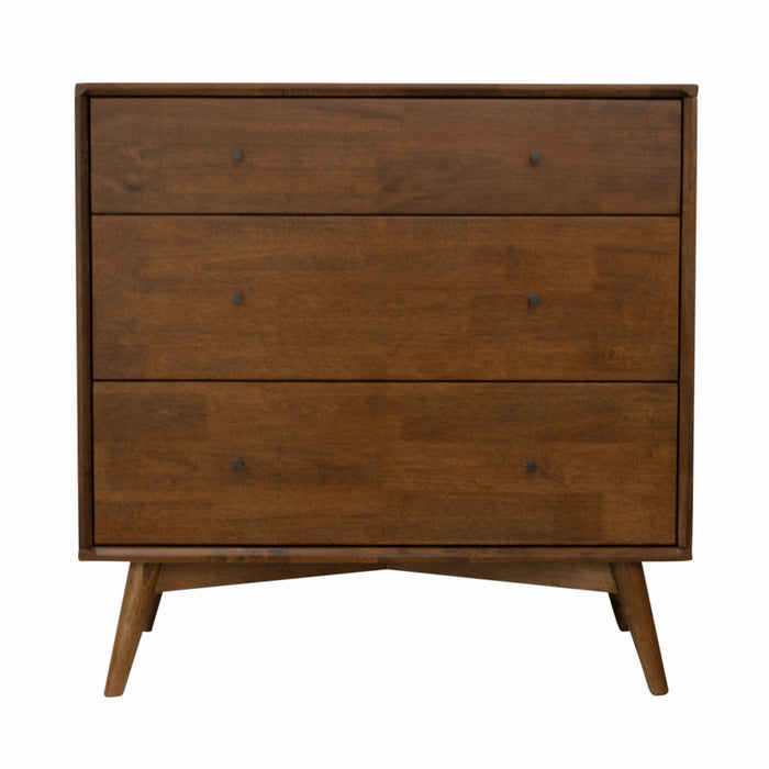 The Ashcroft Furniture Caroline MCM Solid Wood Bedroom Storage Dresser offers mid-century style with three drawers, round knobs, angled legs, and a warm brown finish—perfect for stylish bedroom storage.