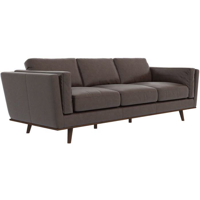 The Ashcroft Furniture Chase MCM Genuine Leather Sofa 91 is a modern, dark gray three-seater with clean lines, angled armrests, and wooden legs, shown from a slight angle against a white background.