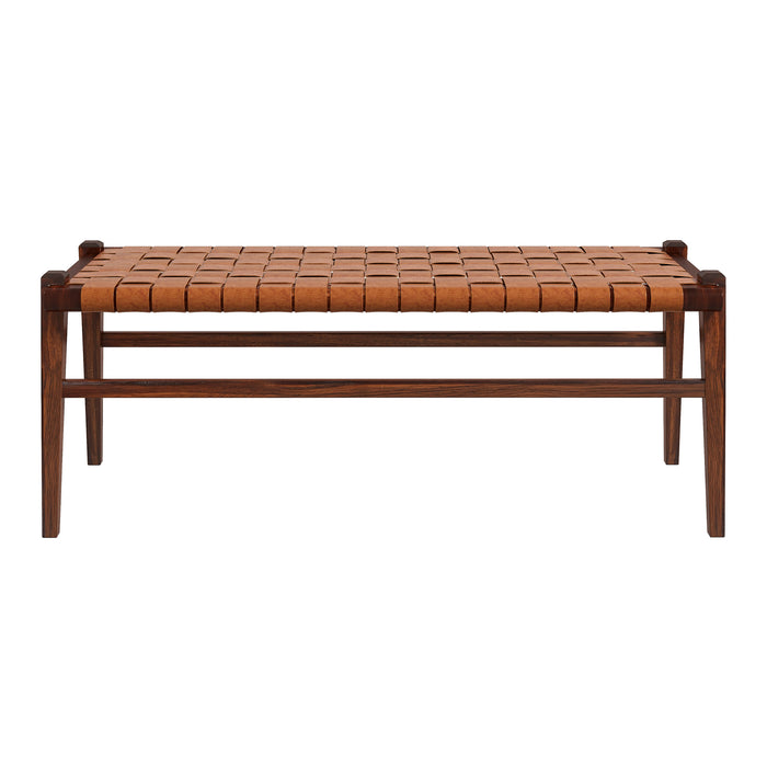 The Ashcroft Furniture Cody MCM Strapped Genuine Leather Bench 44 features a rectangular tan leather seat with woven straps and four straight legs, showcasing mid-century modern style against a white background.