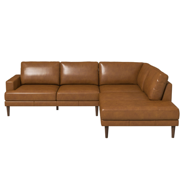 The Corbin MCM Tan Leather Sectional Chaise Sofa 108 by Ashcroft Furniture features a mid-century modern L-shaped design, tan leather upholstery, clean lines, square arms, a chaise extension, and wooden legs.