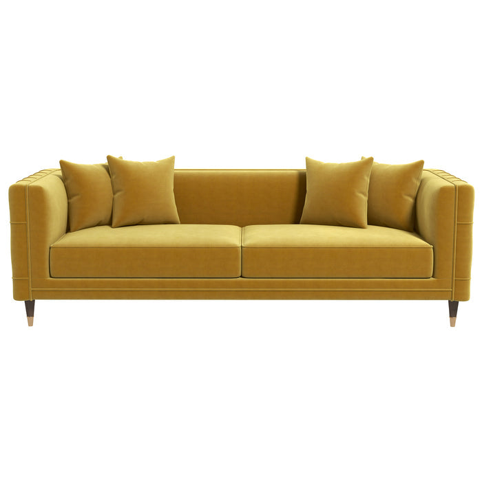 The Edward MCM Elegant Tufted Velvet Sofa 90 by Ashcroft Furniture features mustard yellow velvet, square arms, a mid-century design, two seat cushions, and four matching throw pillows, shown against a white background.