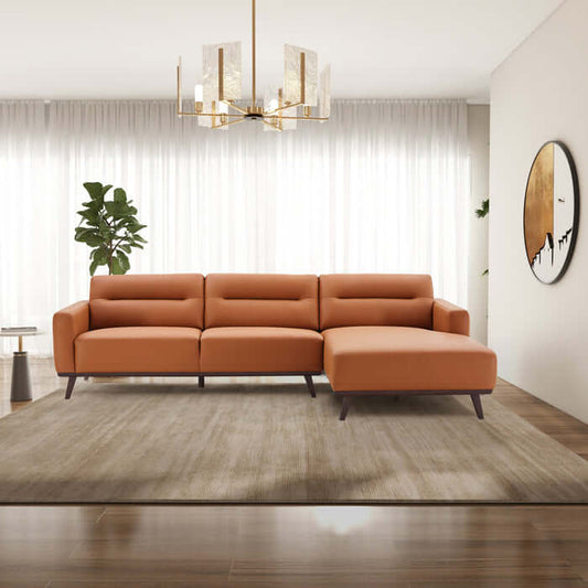 Ella Cognac PU Leather L-Shape Sectional Chaise Sofa 109" – Mid-Century Modern Faux Leather Sectional in a living room.