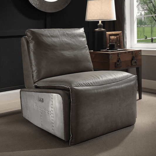 Metier Modern Industrial Power Recliner Lounge Chair, Gray Leather & Aluminum - Revel Sofa