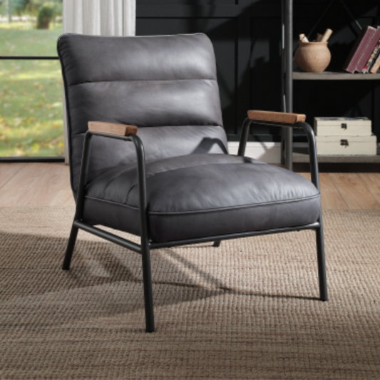 Nignu Accent Lounge Chair, Top Grain Channel Tufted Leather & Matte Iron Base - Revel Sofa