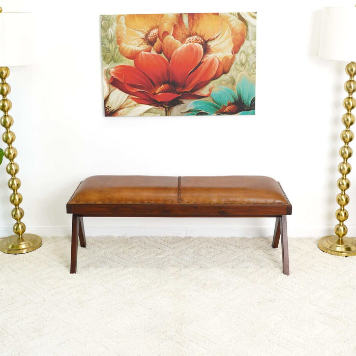 Chad Genuine Leather Upholstered Solid Wood Bench 47"