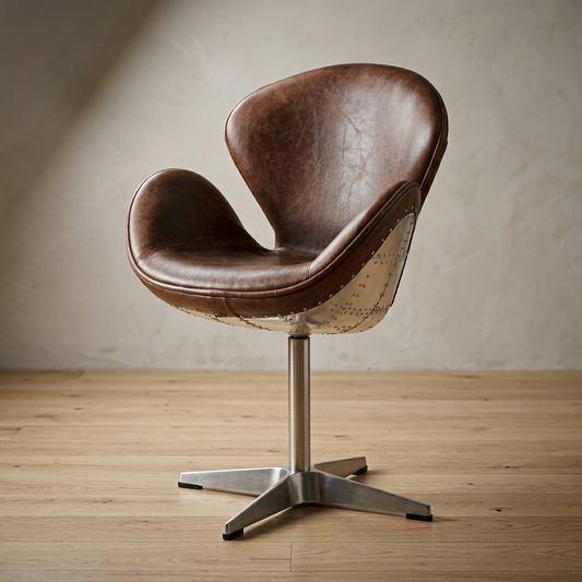 Retro-Inspired Chrome Padded Brown Leather Accent Chair