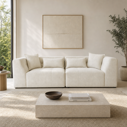 Jefferson 98" Modern Beige Chenille Sofa with Tuxedo Arms & Accent Pillows