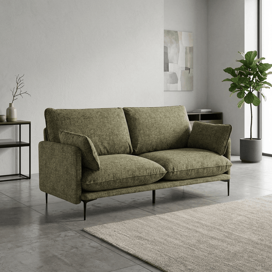 Dalton Green Fabric Loveseat – 75” Modern 2-Seat Sofa with Tufting & Pillows in a modern living room setting.