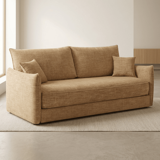 Cadie Mocha Chenille Sleeper Sofa – 84” Convertible Sofa Bed with 2 Pillows in a modern living space.