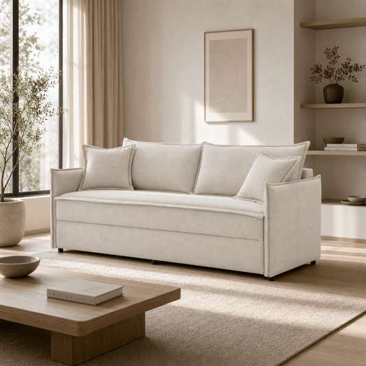 Elisea Fabric Sleeper Sectional – 81” Beige Pull-Out Sofa Bed with Storage in a modern living room setting.