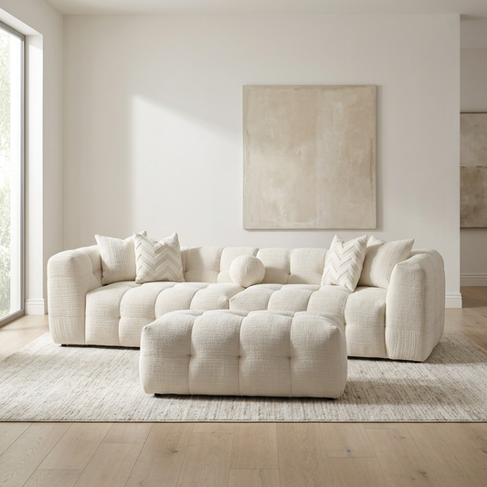 Tufted Ivory Chenille Modular Sofa with Ottoman 113”