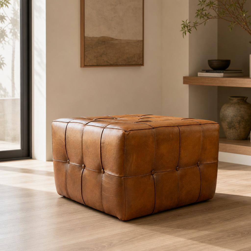 Benjiro Square Tufted Leather Ottoman β 27β Mid-Century Ottoman Coffee Table (Genuine Leather, Tan)