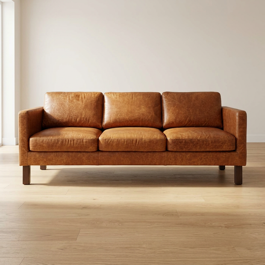 Modern Cognac Buffalo Leather Sofa 83" β Memphis MCM Square Arm Leather Couch